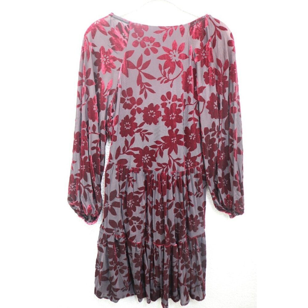 Taylor Burgundy Velvet Burnout-3/4 Puff Sleeves Babydoll Dress-Size 8-Whimsigoth - Picture 10 of 12